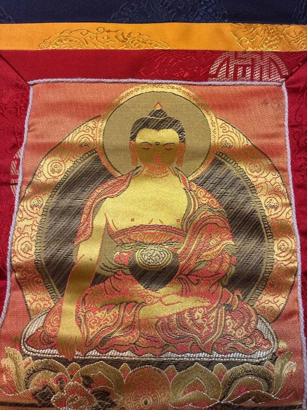 Tibetan Shakyamuni Buddha Silk Brocade Thangka Wall Hanging